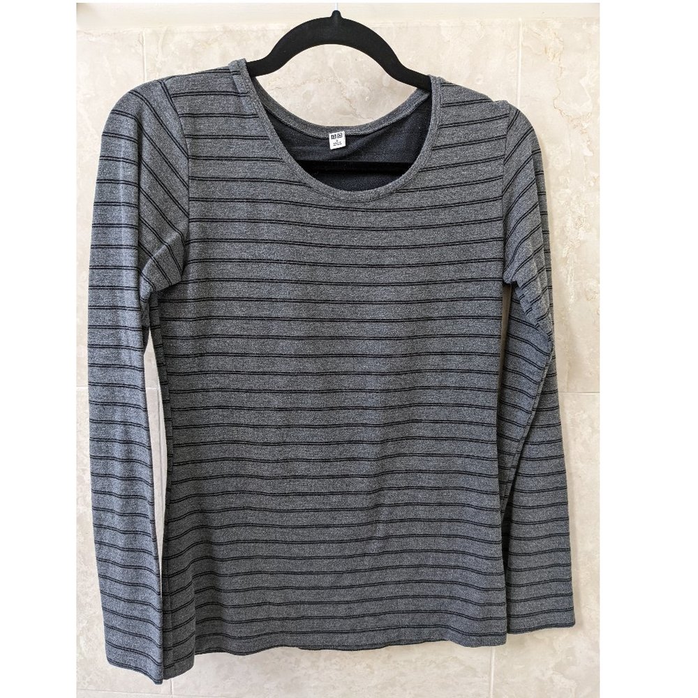Uniqlo heattech women's long sleeve shirt in grey with black stripes - S